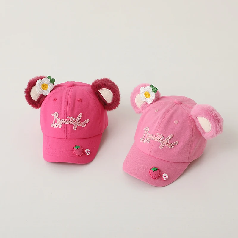 2023 Autumn Pink Baby Hat For Girls Children's Baseball Cap Cute Floral Strawberry Kids Peaked Caps Gorras 아기모자 cute cartoon bear baby hat children s baseball cap boy girl adjustable toddler caps kids peaked cap bonnet gorras кепка детская