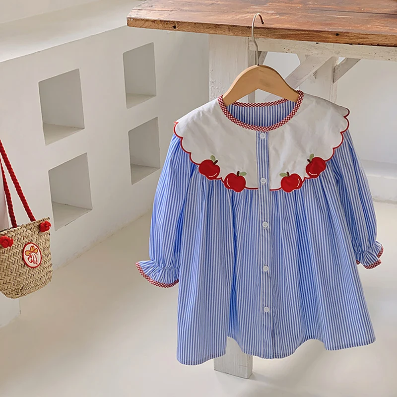 

Korean Version Children's Apple Embroidery Dress 2024 Fashion Vintage Striped Niche Design Sense Long Sleeve Shirt Long Dresses