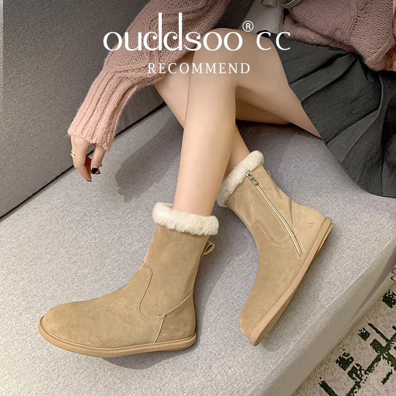 

ODS Snow Boots Cow Suede Women Nature Wool Warm Winter Boots Slip on Round Toe Platform Ankle Boots Ladies Ankle Booties 39 40