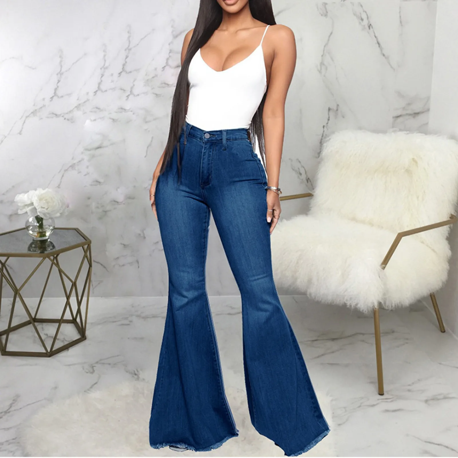 

Women's Elastic High-Waist Slim-Fit Denim Pocket Button 2023 Casual Boot-Cut Trouser Jeans Women'S Straight Button Flared Jeans