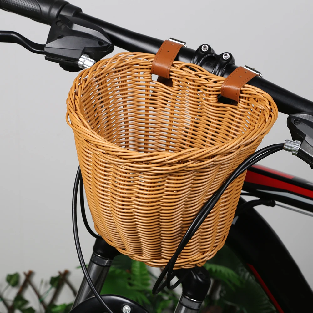 Braided Bicycle Basket with Leather Straps Removable Imitation Rattan Bicycle Basket Bicycle Bell Bicycle Storage Pannier Bell