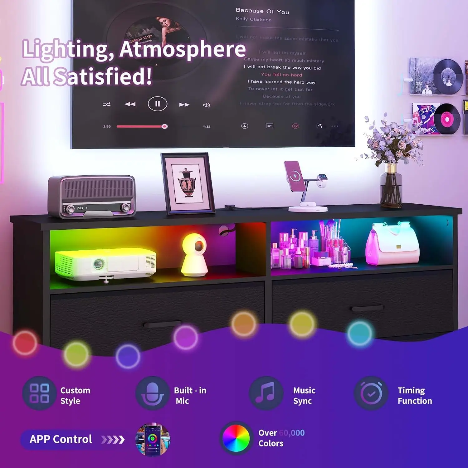 Dresser for bedroom, Fabric Black Bedroom Dresser with LED Lights and Charging Station, 6 Long Drawers Dresser, Tall Wide Chest 6