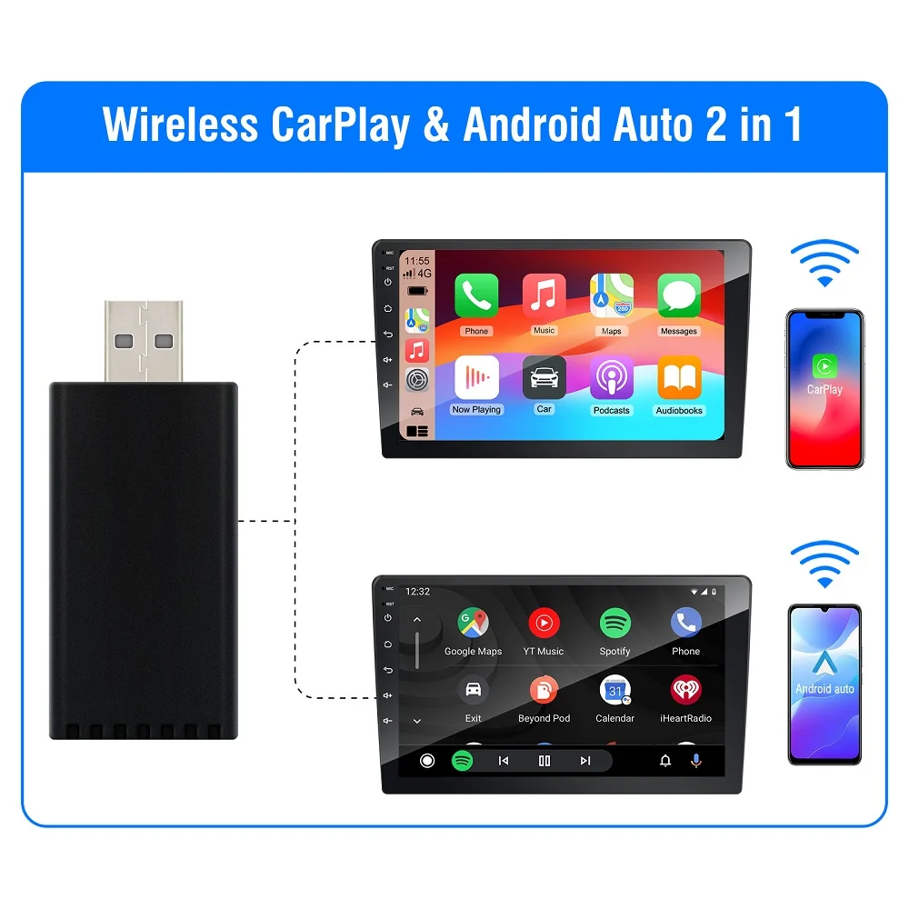 

High Quality Auto 2 in 1 Wireless CarPlay Android Auto Dongle for Android Head Unit Wired to Wireless CarPlay & Android