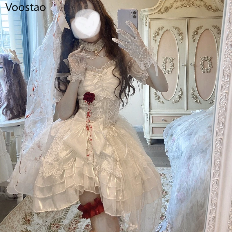 Gothic Lolita Princess Dress Vintage Terror Blood Bride Halloween Party Female Y2k Bandage Rose Lace Mini Dress