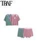 TRAF Women Fashion Polo Collar Striped Loose Knit Sweater And High Elastic Waist Shorts Female Two Piece Sets Mujer 1