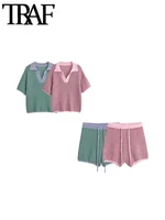 TRAF Women Fashion Polo Collar Striped Loose Knit Sweater And High Elastic Waist Shorts Female Two Piece Sets Mujer 1