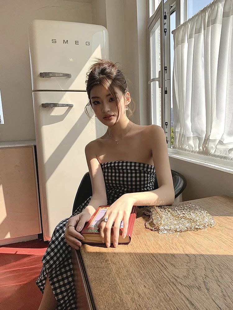 Casual Strapless Midi Dresses for Women Striped Sleeveless A-line Korean Chic Summer New Party Dress Vestidos Mujer