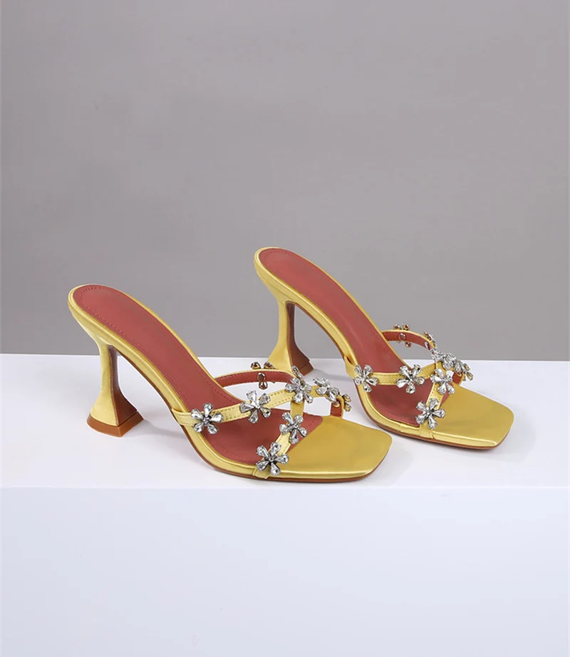 Vanessas summer yellow/orange high heel slippers for women – designer crystal flower sandals