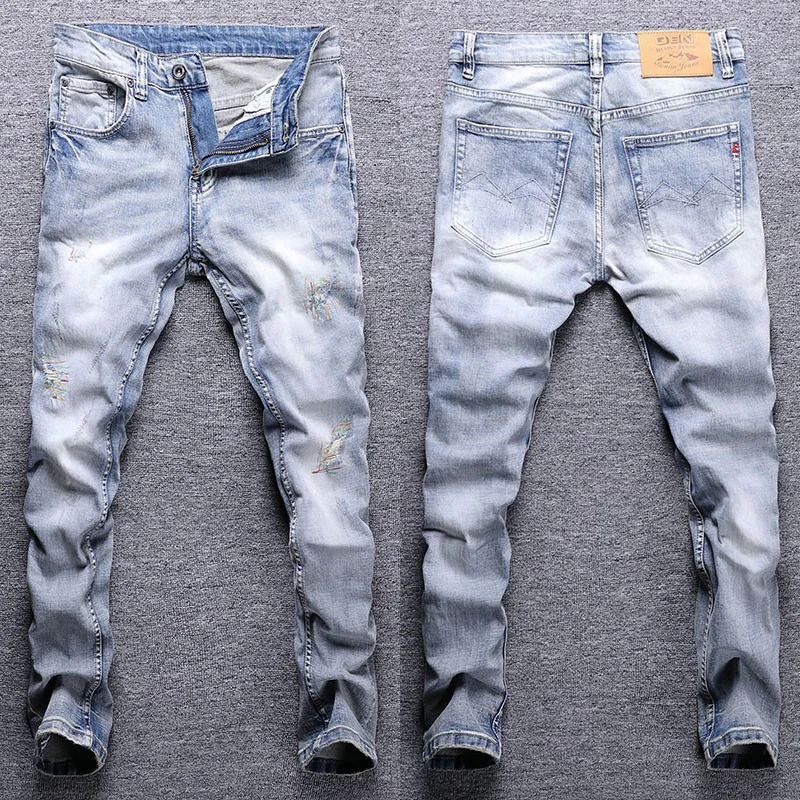 Streetwear Fashion Men Jeans Retro Light Blue Elastic Slim Ripped Jeans Men Vintage Designer Casual Stretch Denim Pants Hombre spring autumn light blue jeans men s korean fashion loose casual jeans men harajuku streetwear retro wide leg straight jeans men