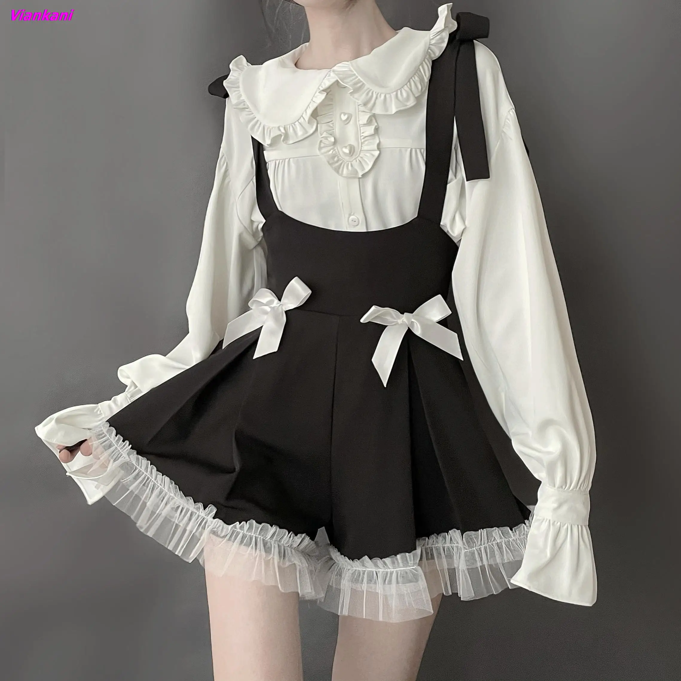 

Gothic Women Lolita Sets Japanese Sweet Kawaii Bow Tulle Patchwork Shorts Pants Girly White Blouse Women Cute Outfits