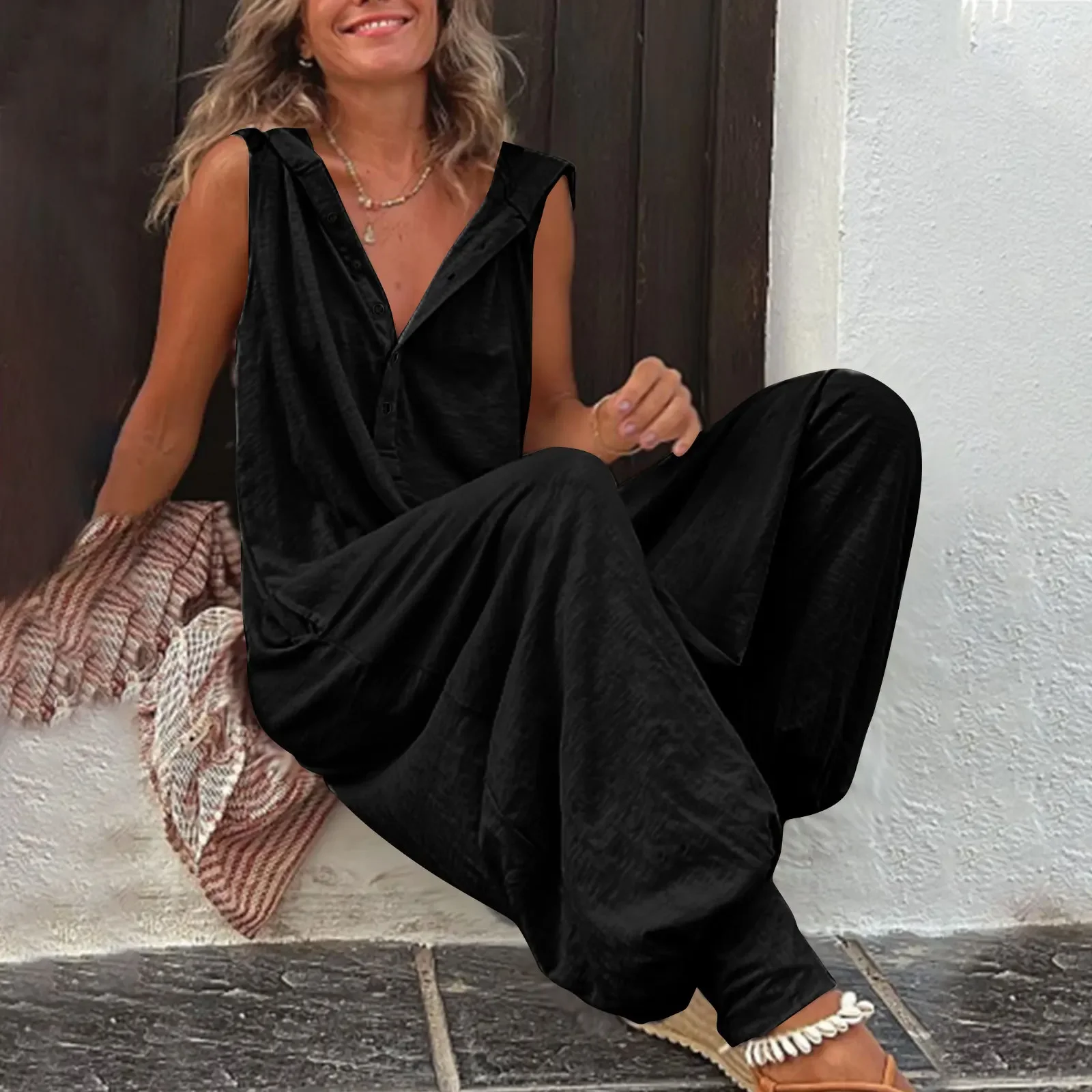 Vintage Button Jumpsuit Summer Women Causal Beach Cross-pants Playsuit Fashion Loose Solid Sleeveless Hooded Romper Streetwear