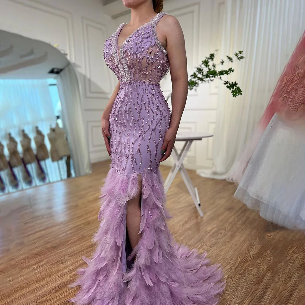 333282-a41ea8.jpg S99b20ae6d70c4695b70dbb5ebf174082l Pink Mermaid High Split Luxury Evening Dresses Feather Beaded Gowns Long, for Women Wedding Party Mallzona