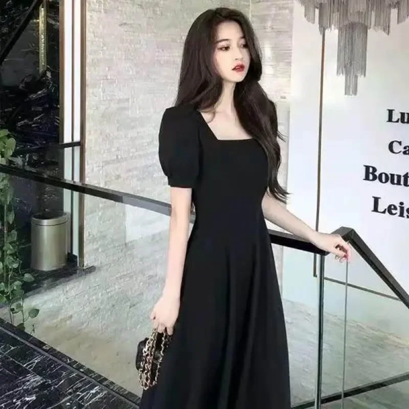 Elegant White Puff Sleeve Square Collar Dress Women's Waist-fitted Long Dress Slimming Effect Summer - Image 3