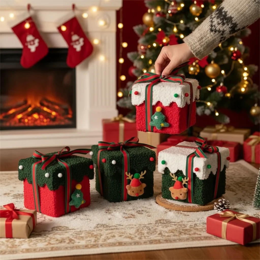 Christmas Gift Box with Felt Plush Reindeer and Ribbon Storage