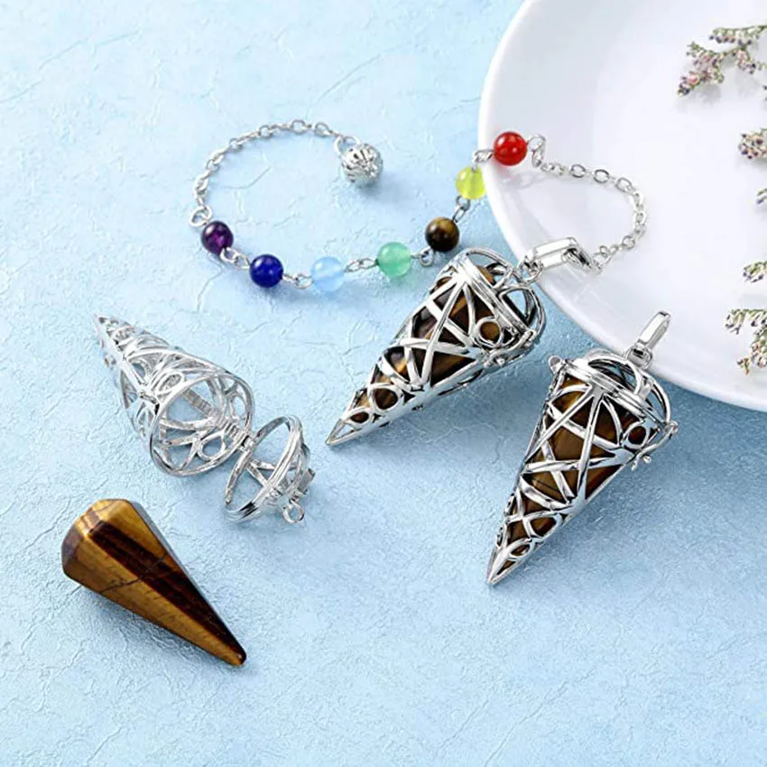 7 Chakra Reiki Healing Natural Tiger Eye Stone Dowsing Pendulum for Divination Wicca Balancing Stone Pointed Locket Pendulums