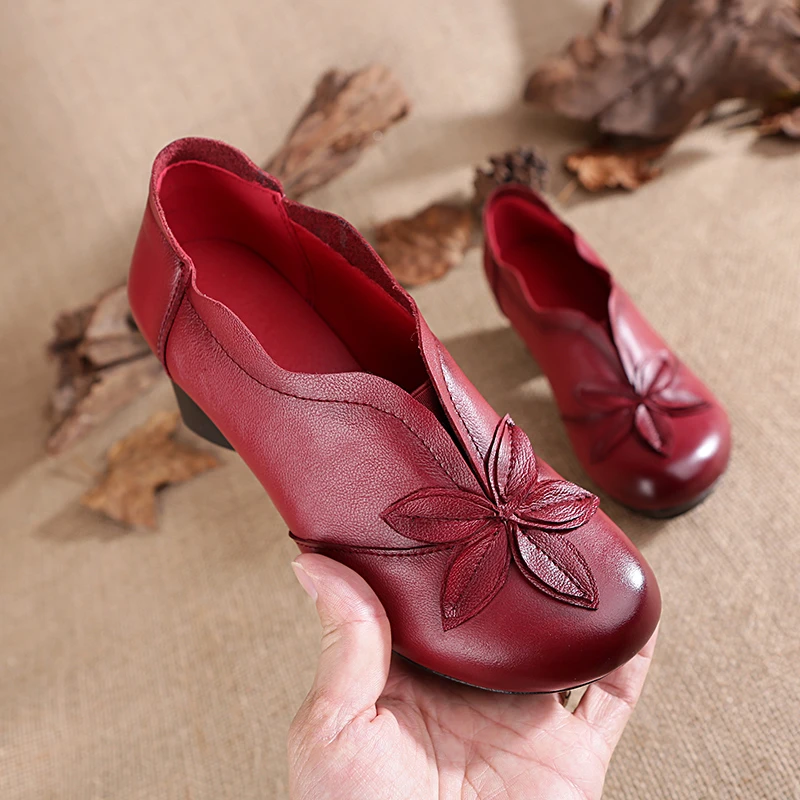 Zapatos de tacón bajo Vintage para mujer, mocasines de piel auténtica con flores simples y cuello V, redondos, sin cordones, hechos a mano, 2022| | - AliExpress
