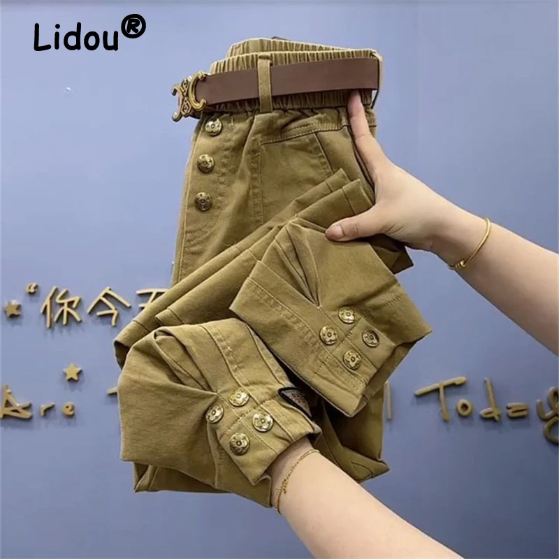 Women Vintage Casual Streetwear Y2K Denim Cargo Pants 2023 Autumn Winter Trendy Plush Thick Trousers Solid High Waist Pantalones