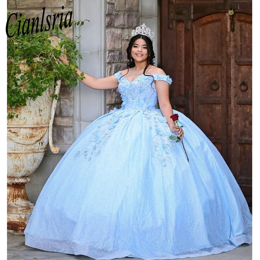 

vestidos de quinceañera 2022 Off Shoulder Sky Blue Appliques Lace Sweet 16 Dress Pageant Gowns vestido de 15 anos XV