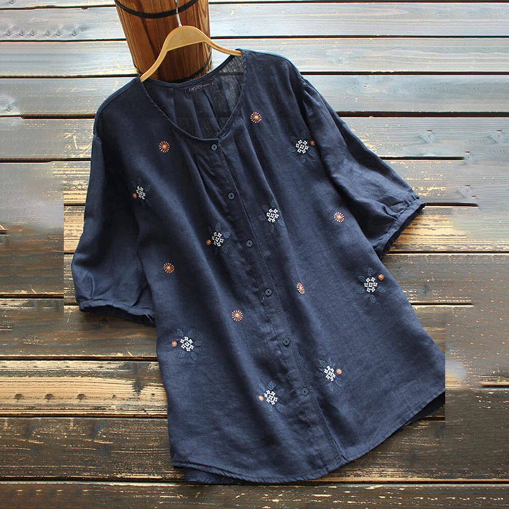بلوزة نسائية كاجوال من الكتان القطني ، توبات مزين...