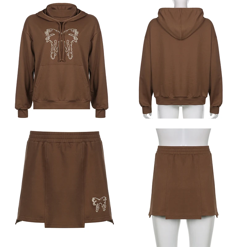 Butterfly Brown Tops Sweatshirts Oversized Long Sleeve Pullovers Hooded Pockets Sporty Tops Y2k Women Autumn Winter Jumpers New