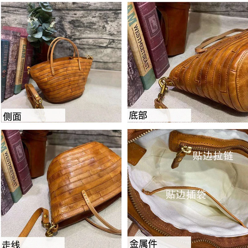 French Vintage Country Style 100% Handmade Cow Skin Lady Knitting Vacation  Purse Bag Genuine Leather Female Weave Basket Handbag - AliExpress