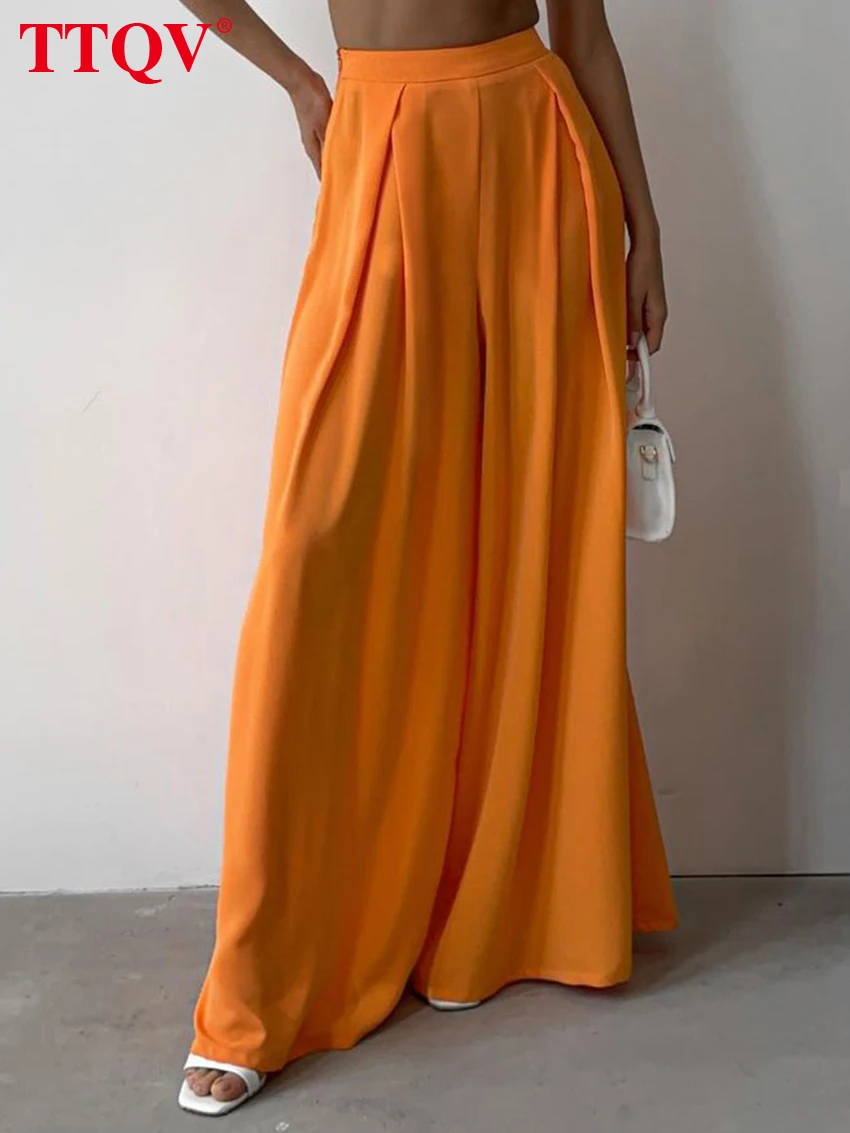 

TTQV Fashion Orange Loose Women Pants 2023 Elegant High Waisted Simple Trousers Autumn Casual Floor-Length Wide Leg Pants Female