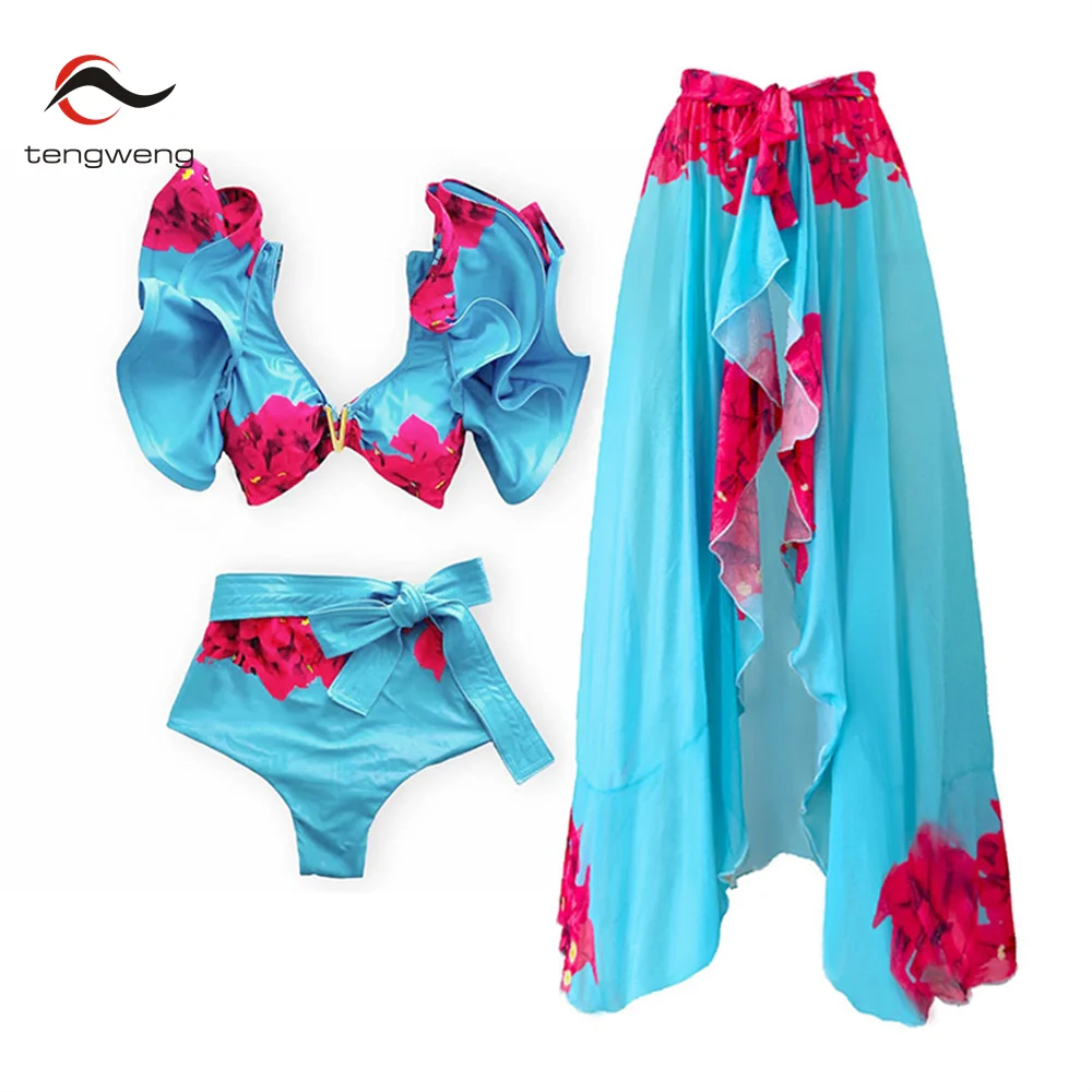

Tengweng Sexy Bikinis Women Swimwear 2023 Two Piece Push Up Swimsuit Print Ruffle Monokini Bathing Suit Beachwear Skirt
