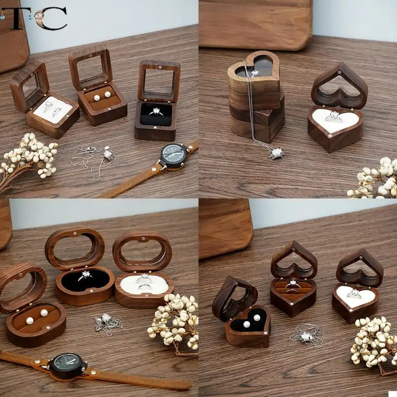 

Black Walnut Skylight Ring Necklace Earrings Storage Box Vintage Oval Heart-Shaped Square Wood Engagement Ring Storage Box