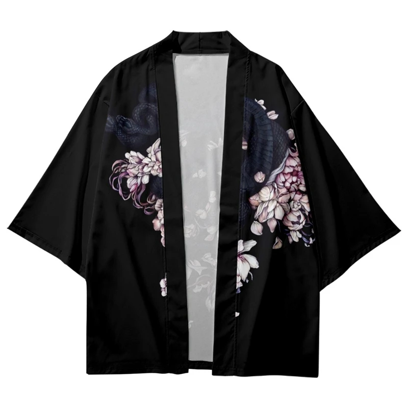 

Japanese Streetwear Style Snake Flowers Print Fashion Cardigan Men Women Beach Kimono Summer Black Haori Yukata Harajuku Tops