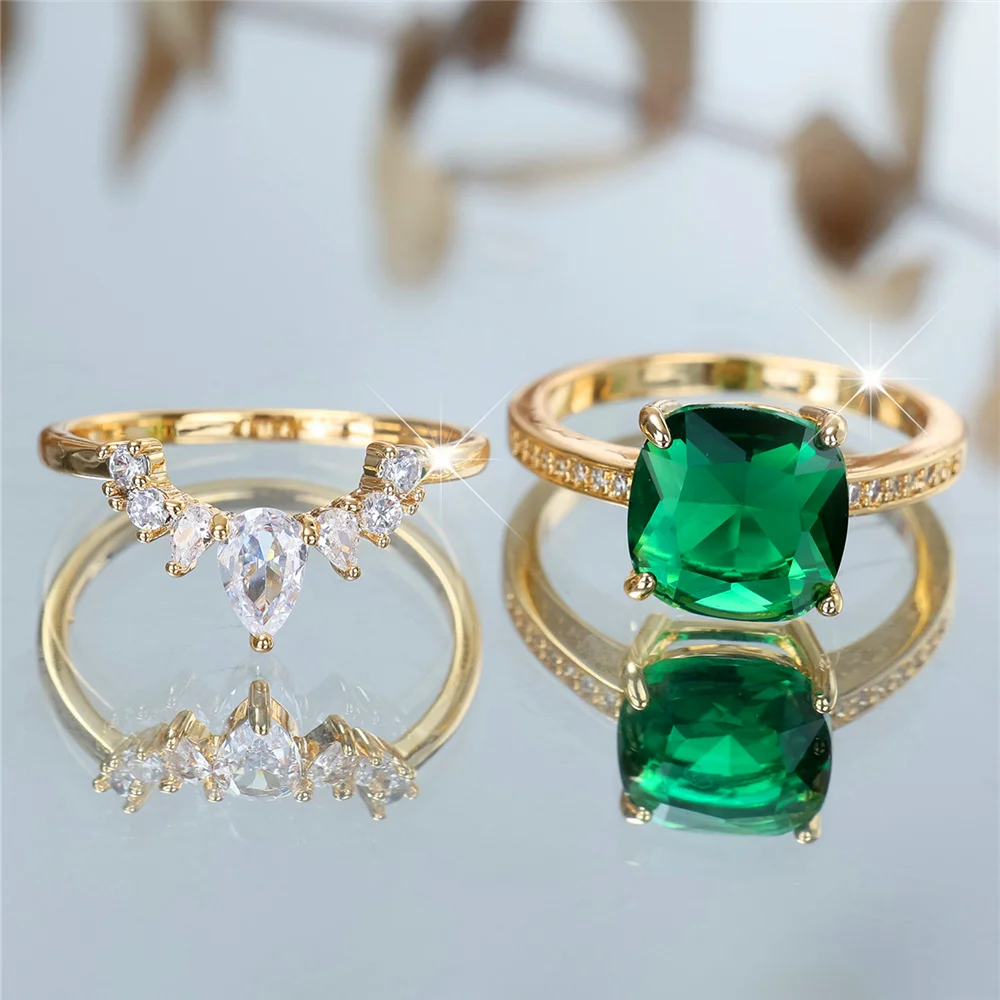 Crystal Female Green White Zircon Square Stone Ring Set Fashion Luxury Gold Color Bridal Wedding Engagement Jewelry For Women