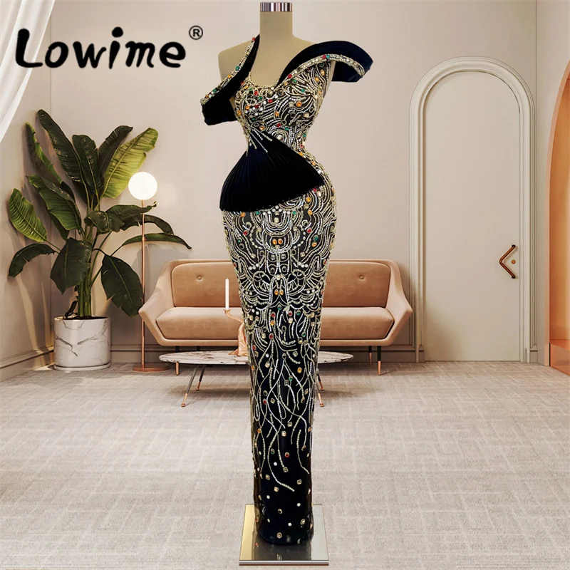 

Black Velvet Luxury Heavy Handmade Beaded Crystal Party Dresses Mermaid Floor Length Arabic Evening Gowns Celebrity Prom Dress