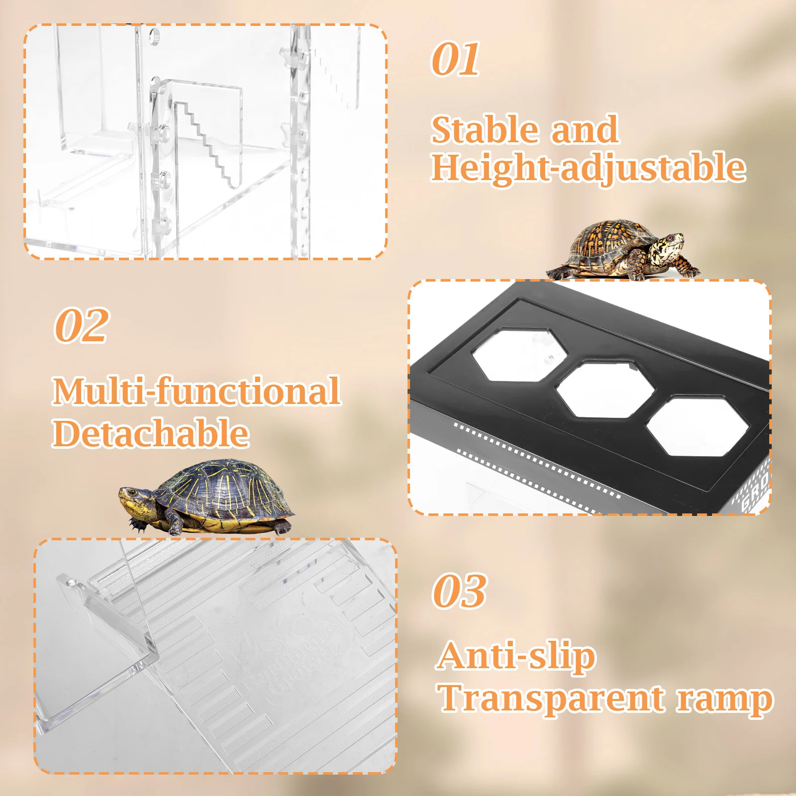Adjustable Turtle Basking Platform Transparent PC Hanging Turtle Basking Land with Ramp Reptile Resting Platform for Aquarium