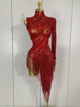 New Stage Costume Sparkly Rhinestones Tassel Sexy See-Through Dress Women One Shoulder Latin Dance Bars Nightclub Party Outfits 1