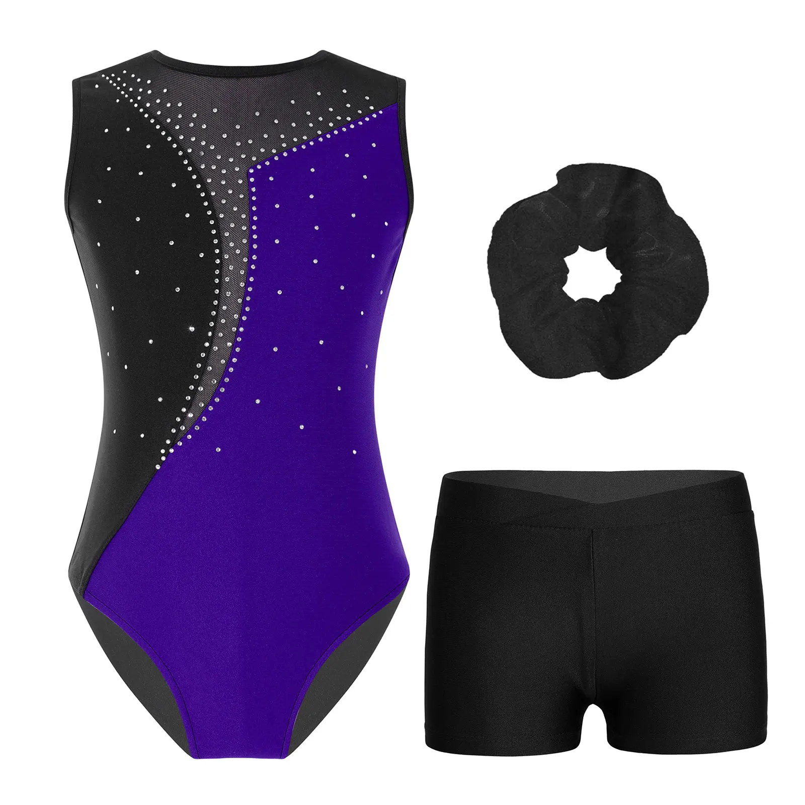 Kids Girls 6 to 16 Years Dance Gymnastics Workout Jumpsuits Sleeveless Shiny Rhinestones Leotard with Shorts Hair Band Set