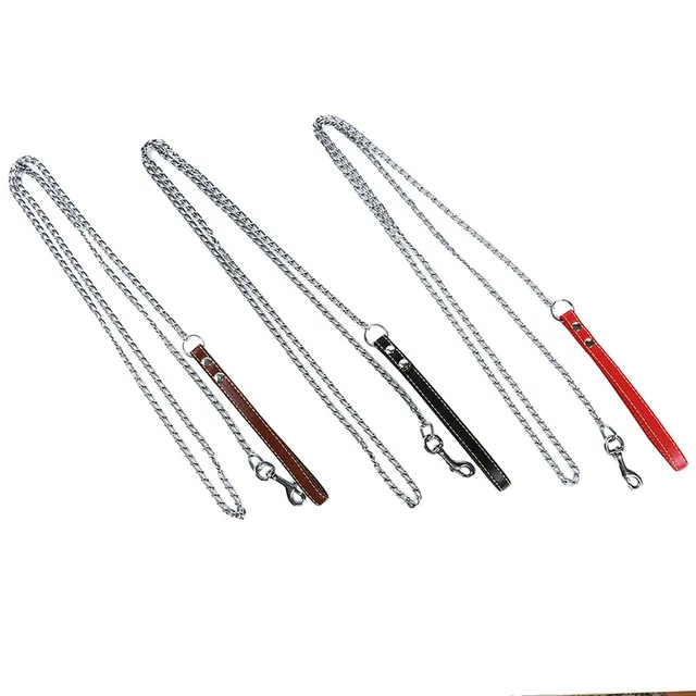 Durable Anti-Bite Metal Dog Chain Lead For Small Medium Large Dog Chain Leash Handle Leads PU Leather Iron Chain Pet Accessories 5
