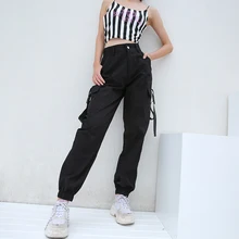 

Sunny y.j. Black Pencil Pants Women Cargo Long Streetwear Elastic High Waist Pocket Pantalon Femme Buckle Belt Harajuku Casual