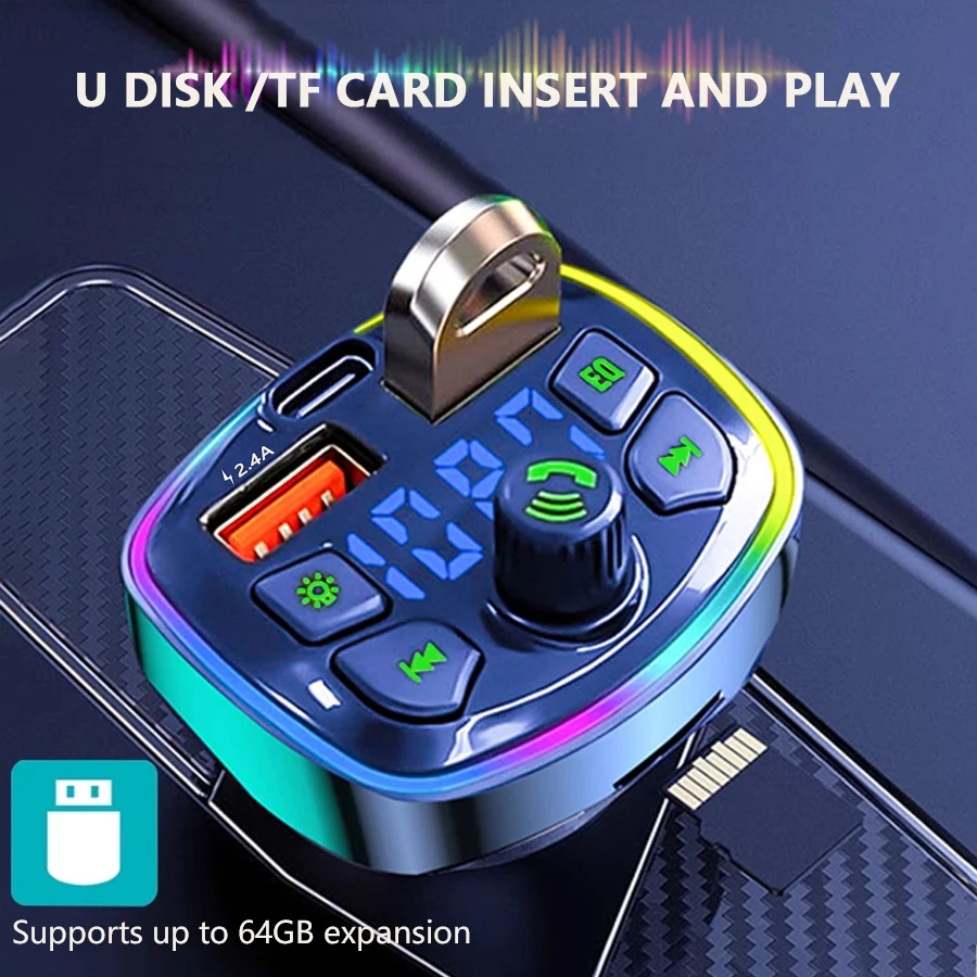 Bluetooth5.0 Multifunction Car FM Transmitter Car MP3 Player U Disk Music USB 2.4A Car Charger Fast Charge Real-time Voltage