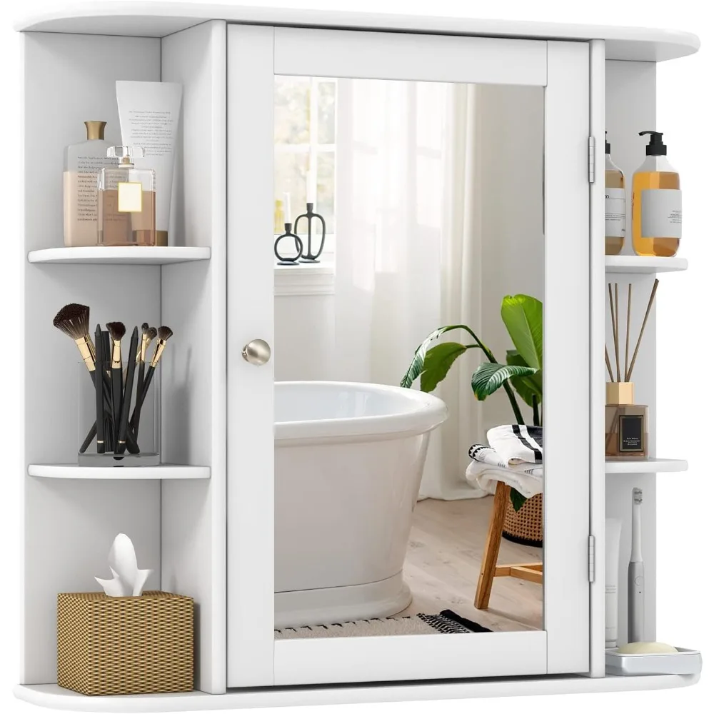 Tangkula Bathroom Medicine Cabinet with Mirror, Wall Mounted Bathroom Storage Cabinet w/Mirror Door & 6 Open Shelves, Adjustable
