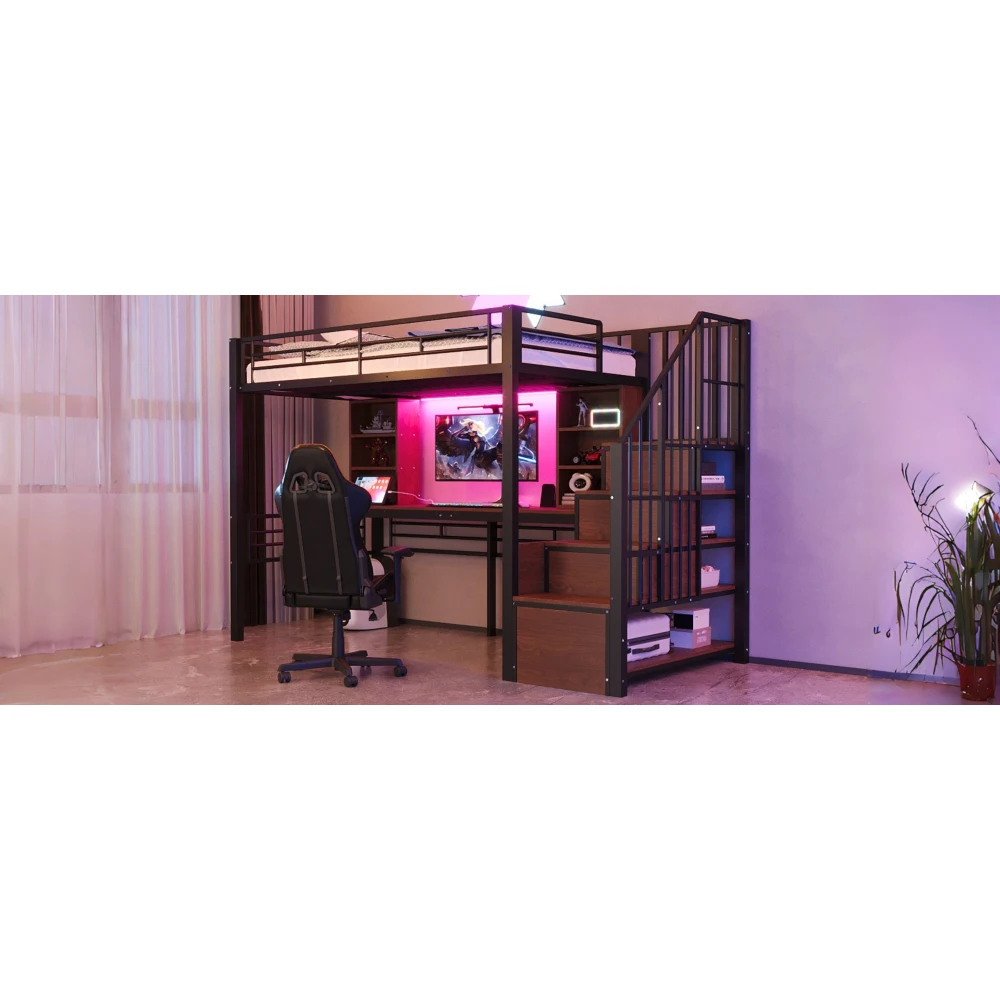 Hochbett 90×200cm, mit Regal, Schreibtisch, Steckdose und LED-Beleuchtung, integriertem Stauraum-Treppenhaus (links/rechts montierbar), Eisenrahmen – Detail 38