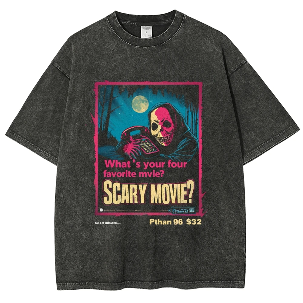 Horror Movie Style Skull Print Women's T-Shirt Oversized Washed Loose Short Sleeve Cotton High Quality Student Tees Unisex Niche