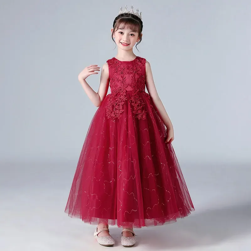 Children Girls Dress One Shoulder Flower Satin Cloth Dress Piano Costume Solid Color Girls Sweater Dress Size 6x, Red