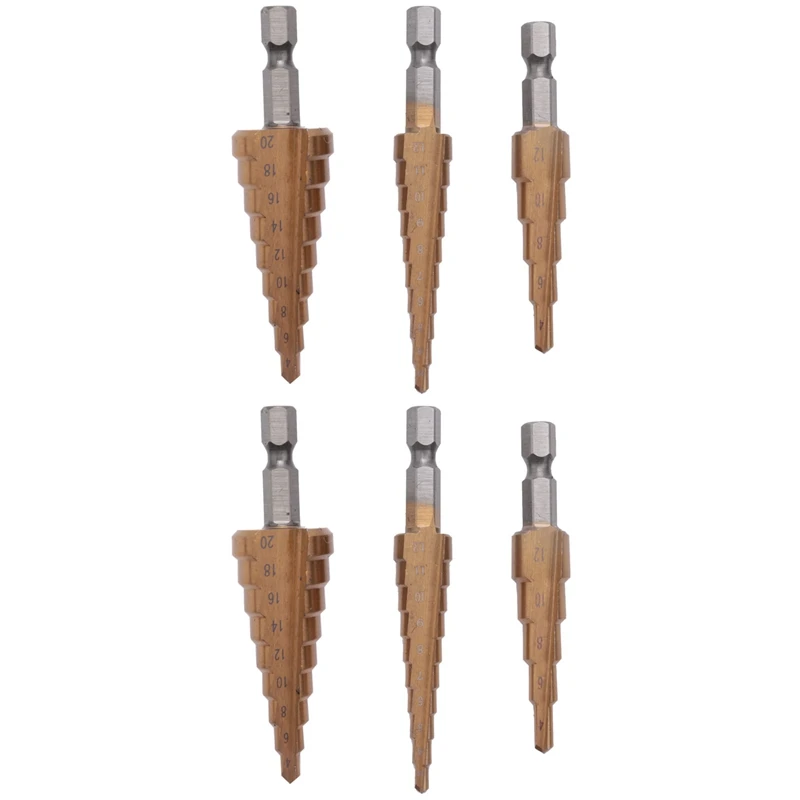 

6Pc Hss Step Cone Taper Drill Bit Set Metal Hole Cutter Metric 3-12 4-12 4-20Mm 1/4 Inch Titanium Coated Metal Hex Taper