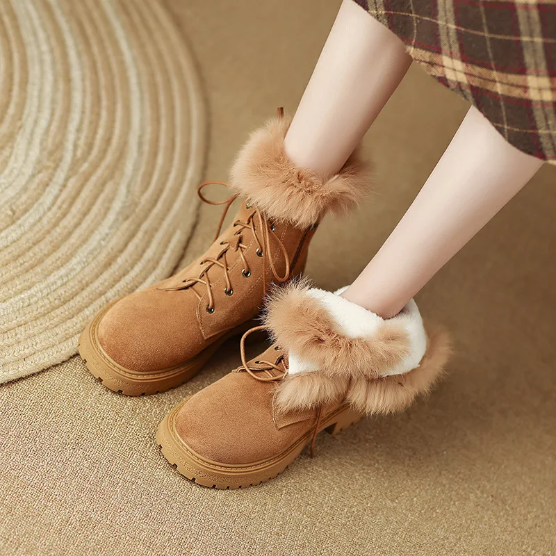 

2023Autumn/Winter New Genuine Leather Thick Sole Martin Boots Round Toe Low Heel Strap Women's Boots Side Zipper Warm Snow Boots