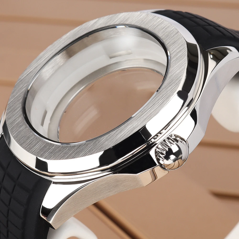 Silver Square Watch Case with Black and Blue Rubber Strap & Sapphire Crystal