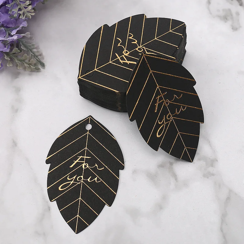 50Pcs Gold Foil Leaf Shape Thank You Hang Tag 4.5x7cm Birthday Cake Baking Tag for Wedding Party DIY Craft Paper Decoration
