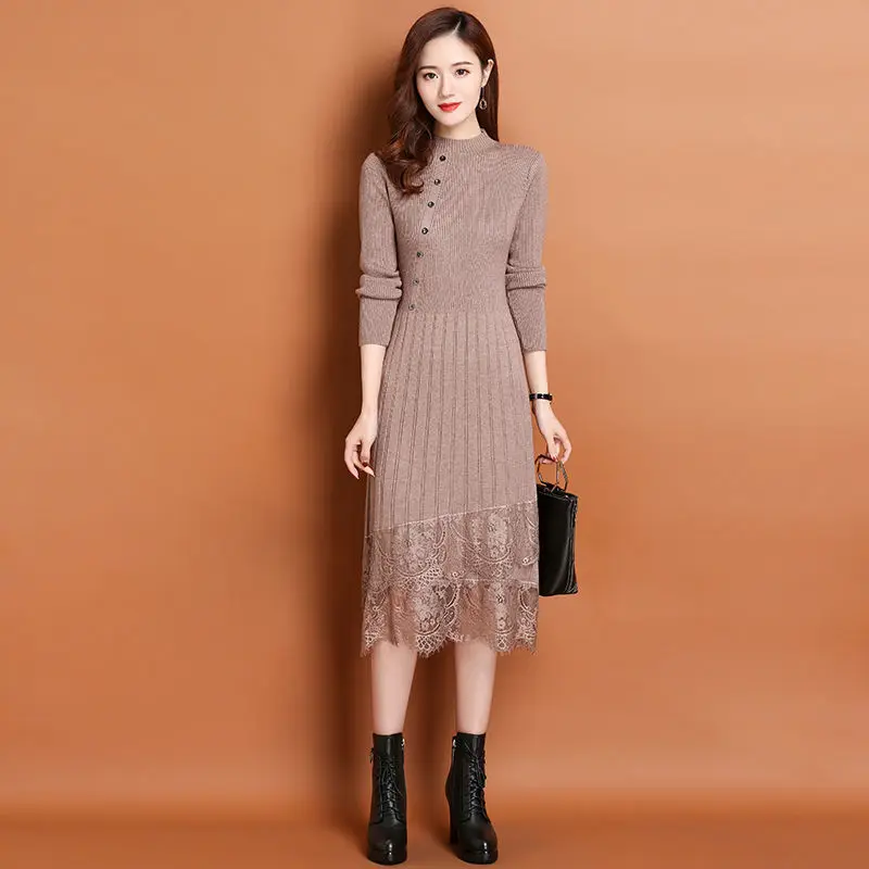 فستان نسائي مخملي سميك بأكمام طويلة ، أحادي اللون ، نصف رقبة عالية ، دانتيل ، دانتيل ، محبوك ، غير رسمي ، متعدد الألوان ، شتاء