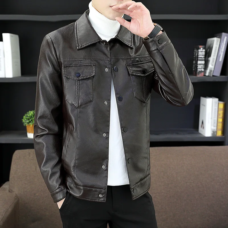 

2023 New Fashion Trends In Autumn And Winter Men's Lapel Plush Leather Jacket Korean Version Slim Fitting Motorcycle Overcoat