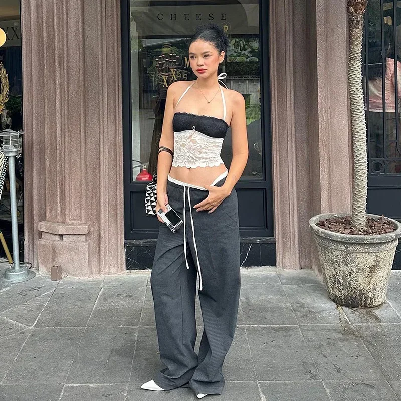 Halter Lace See-Through Crop Top Ruffled Contrast Tank Top - Y2K Fashion Patchwork Strapless Sexy Contrast Cropped Top