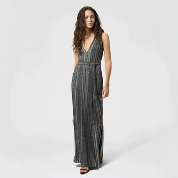 Elegante Abito Lungo da Sera Formale da Donna con Pieghe, Glitter e Strisce, Scollo a V, Senza Maniche, con Cintura - Nuovo Arrivo 2026 - Offerta Imperdibile