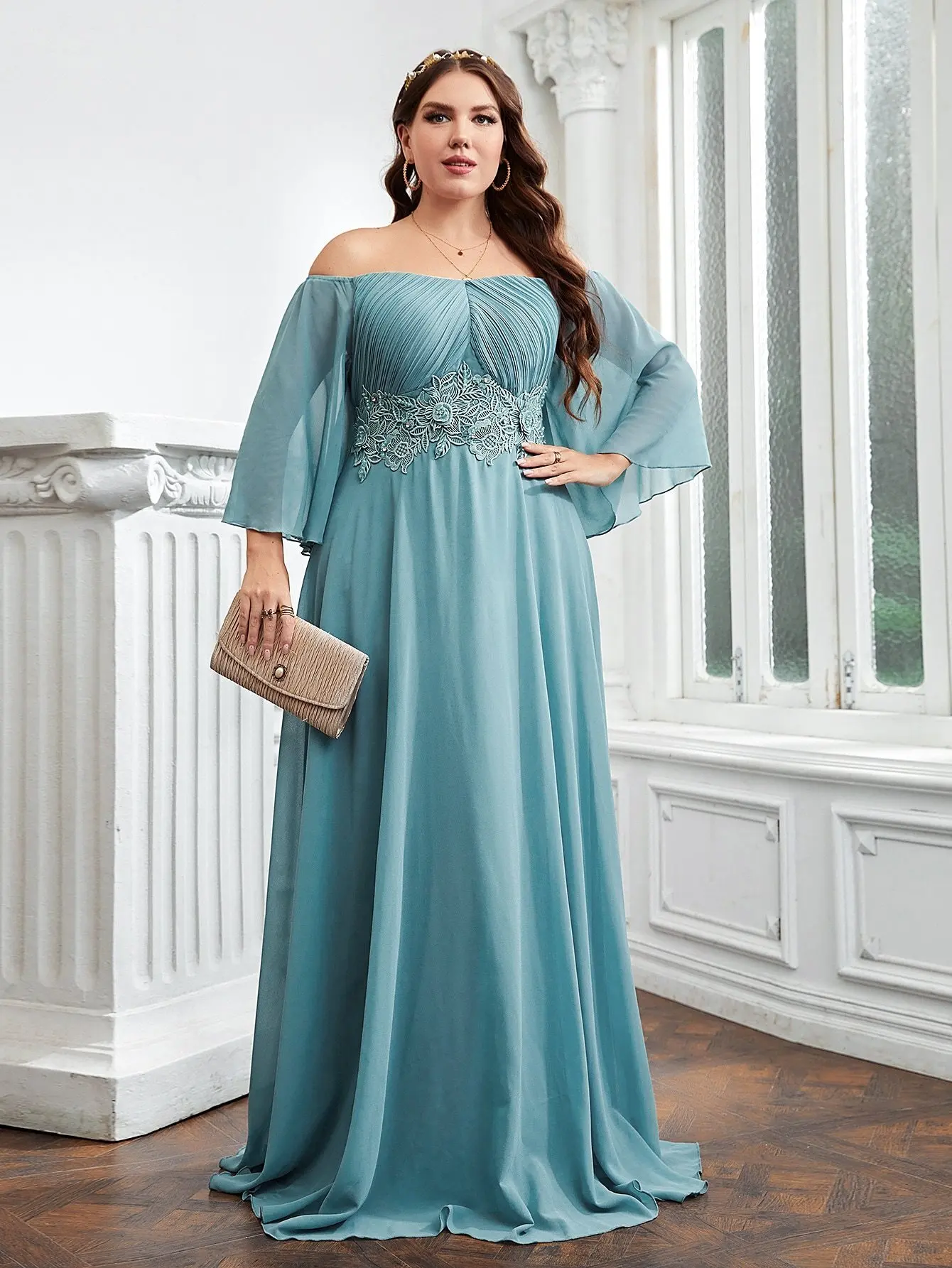 thumbnail image 1 of Plus Size Wedding Guest Dresses Women Strapless Applique Long Sleeve Elegant Party Dresses Fashion Solid Color Long Maxi Dress, 1 of 5